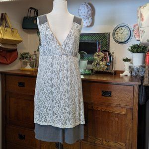 Lili&Q XL Dress Gray Sleeveless Jersey Knit with White Lace Overlay Lili & Q
